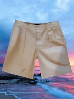 Club Room Classic Casual Minimalist Preppy Coastal Retro Khaki Pleated Shorts 32